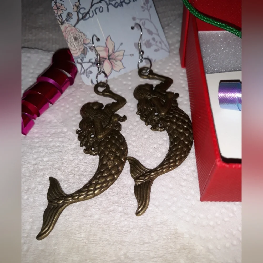 Gold Mermaid Dangle Earrings Hand Crafted NEW
